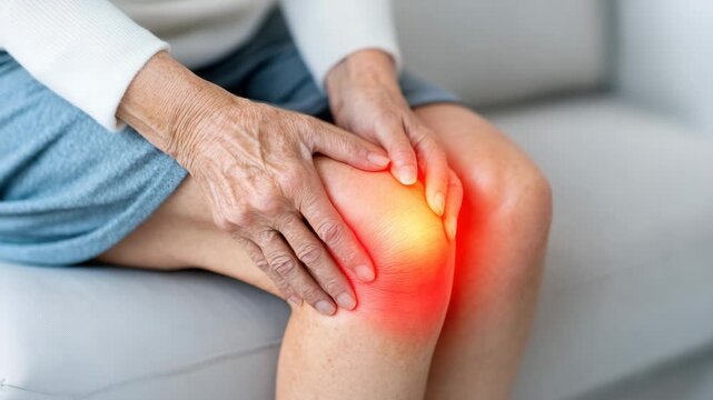 Elderly knee pain inflammation arthritis joint discomfort injury healthcare senior leg ache hand medical condition aging relief close up skin texture sitting home setting