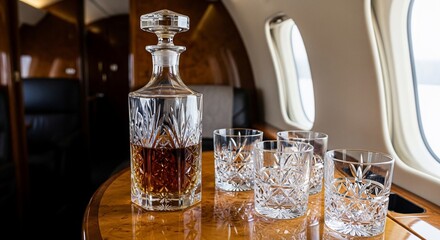 Elegant crystal decanter and glasses in private jet embodying luxury travel