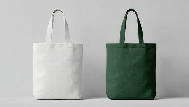 Two blank tote bags, white and dark green, on a gray background