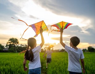 Joyful children flying kites in meadow