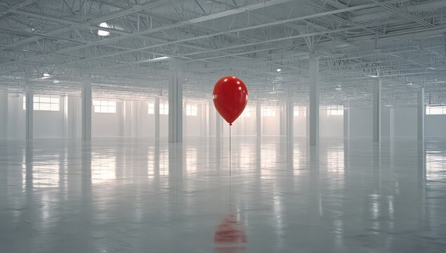 Red balloon in a vast, empty, white warehouse - Powered by Adobe