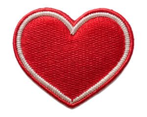 A red embroidered heart patch with a white stitched border, isolated on white isolated on transparent background