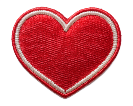 A red embroidered heart patch with a white stitched border, isolated on white isolated on transparent background