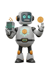 Fototapeta premium Cartoon robot holding a server rack and tossing a bitcoin. Animated character in futuristic, gray and black clothing/design, holding a server and tossing a bitcoin in the air.