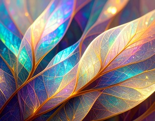Opalescent leaves with golden veins shimmering light