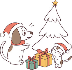 Funny cartoon dogs with gifts set for Christmas holiday celebration