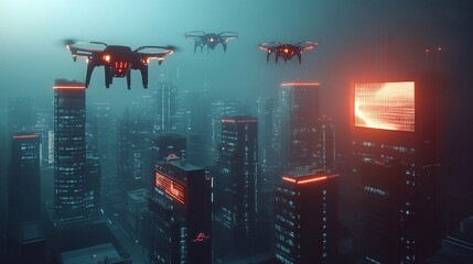 A dark futuristic city with drones flying over neon-lit skyscrapers.