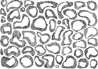 Set of chaotic spots filled with stroke texture. Spots of different sizes and shapes. Wide outline of black strokes. All strokes have different directions. White background and the middle of spots.