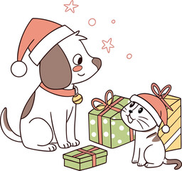 Santa Claus with gifts and his dog Christmas cartoon illustration