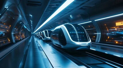 transport capsule glides through a glowing underground tunnel