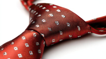 Close-up shot showcasing a red patterned necktie with a detailed knot, isolated on white.