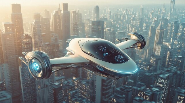flying vehicle soars above the sprawling futuristic city