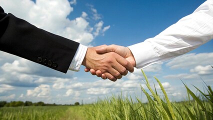 A business handshake between two professionals outdoors under a clear blue sky