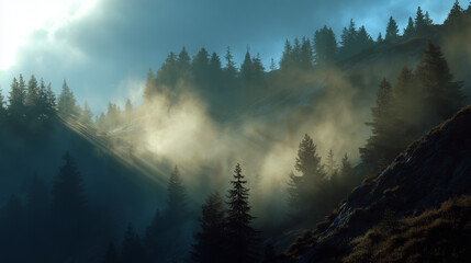 A cyberpunk image of a serene mountain landscape with mist with backlight with long shadows