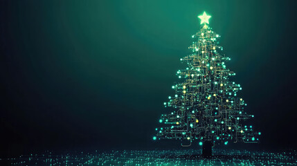 A digital Christmas tree made of neon green microchips stands on a motherboard base. Luminescent circuitry lights create a festive atmosphere. Abstract technology concept.
