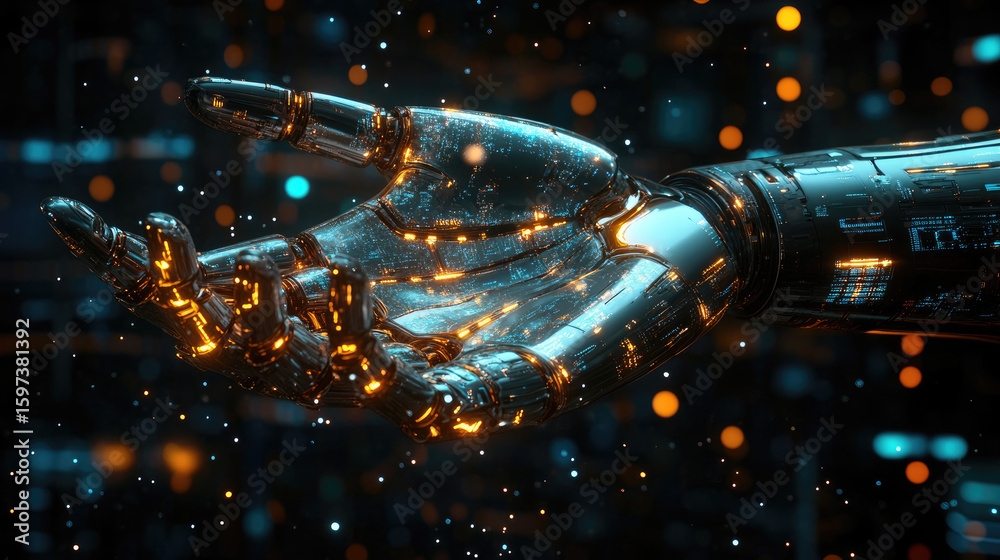 Poster a robotic hand with intricate design and sparkles connects to data, symbolizing the future of techno