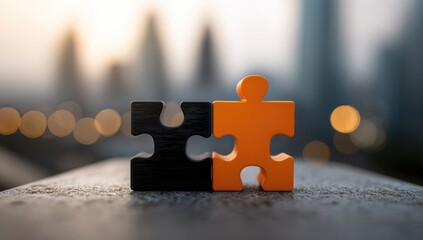 Two puzzle pieces, black and orange, connected, against a blurred cityscape backdrop