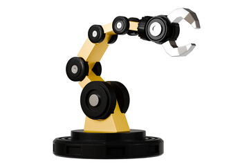 3d Mechanical arm in the isolated on white background, industrial robot, robot arm. Minimal Yellow & Black robotic arm with grey gripper standing. 3d rendering.