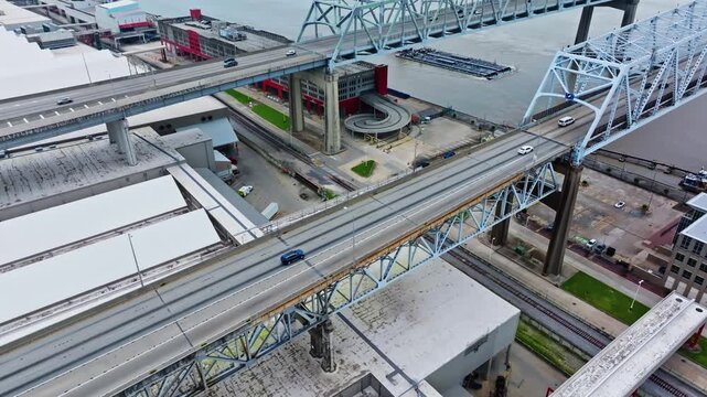 Pair Of Cantilever Bridges. Crescent City Connection In New Orleans, Louisiana, United States. Aerial Shot