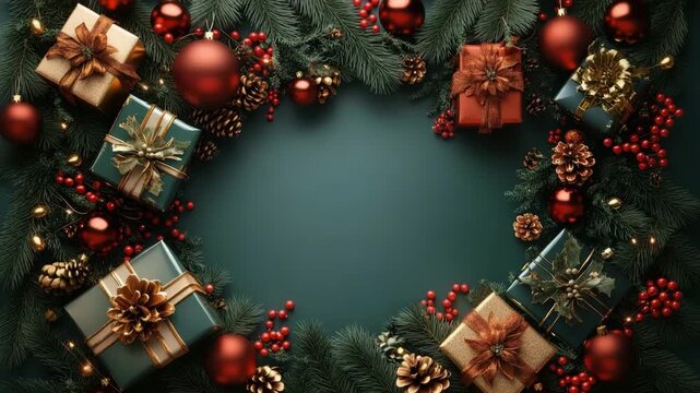 Christmas gift box with pine cone and red berry decoration on green pine branch frame festive holiday background warm joyful atmosphere festive holiday arrangement with warm joyful atmosphere