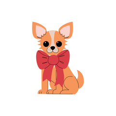 Adorable cartoon chihuahua sitting with a big red bow around its neck. Cute festive pet illustration in flat style on a white background, perfect for holiday or gift themes. Vector illustration