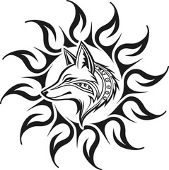 Naklejka premium Tribal Fox Head in Flame Circle Tattoo Style Illustration for Logo Sticker Poster Design Animal Spirit Symbol Art