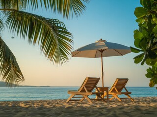 Tropical beach chairs and umbrella at sunset ocean