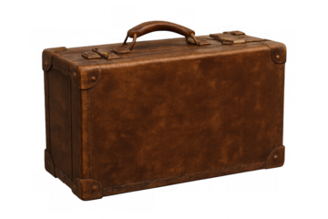 Vintage brown leather suitcase with metallic hardware, closed and isolated, representing classic travel nostalgia