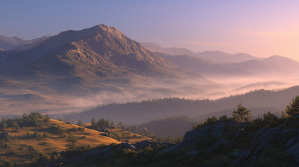 A hyperrealistic image of a serene mountain landscape with mist with golden hour light