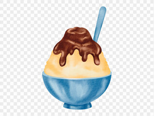 Watercolor illustration of a bowl of shaved ice topped with chocolate syrup and spoon, perfect for summer treat concepts. Vector.