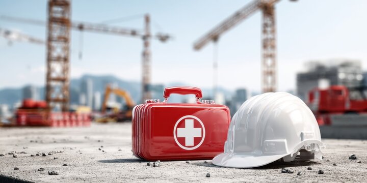 The red first aid kit beside the white hard hat on a construction site