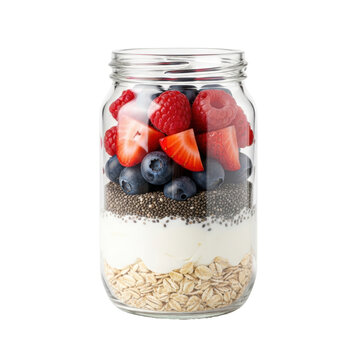 A vibrant and healthy breakfast parfait layered with fresh berries, creamy yogurt, oats, and chia seeds in a glass jar, perfect for a nutritious start to the day.