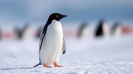 Fototapeta premium The majestic penguin observing its icy surroundings in a polar landscape.