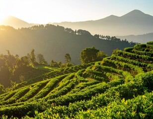 Verdant tiered landscape sunkissed hillside