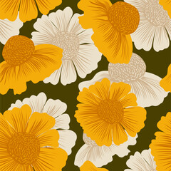 Seamless pattern of large yellow and white hibiscus flowers on a dark olive background. Great for tropical-themed fabrics and decor.