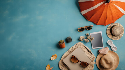 Flat lay of summer vacation essentials on blue background includes sun hat, sunglasses, tablet, and beach umbrella, evoking sense of relaxation and leisure