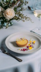 Elegant Dessert Plate with Lemon Tart and Edible Flowers