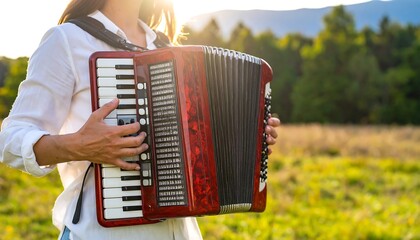 Woman playing accordion in field