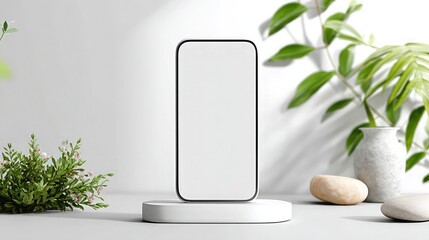 Modern smartphone displayed on a pedestal with greenery