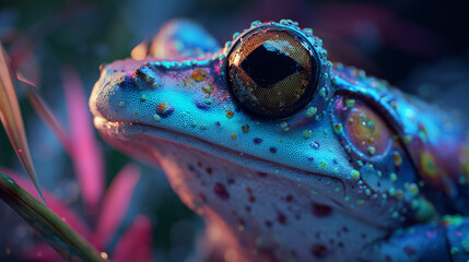 A retro-futuristic image of a close-up of a colorful tropical frog with volumetric lighting