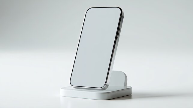Modern smartphone on a minimalist white charging stand, blank screen.