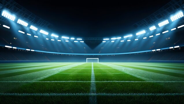 An empty soccer stadium illuminated by bright lights at night
