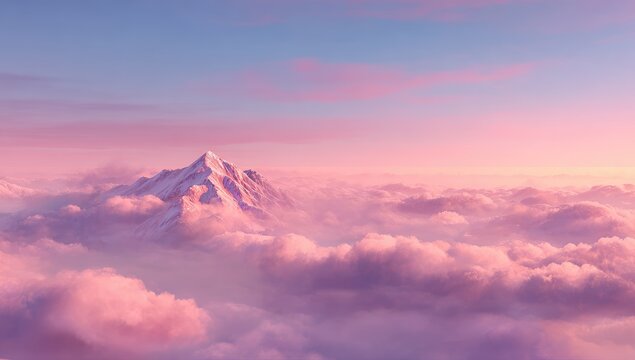 A snow-capped mountain peak piercing a sea of pastel pink clouds at dawn/dusk - Powered by Adobe