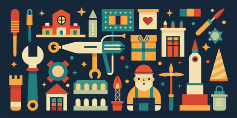 Vector art of a vibrant assortment of tools, buildings, and festive icons set against a dark, starry background.
