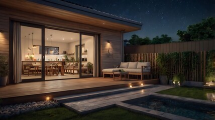 Obraz premium Evening terrace house scene with cozy interior lights and starry sky