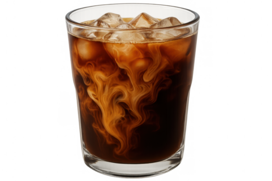 Glass of iced coffee mixing with milk and ice cubes, isolated on transparent background, perfect for beverage and refreshment visuals