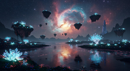 Obraz premium Surreal fantasy landscape with floating islands and a cosmic starlight river