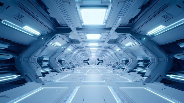 Interior of a spaceship run by AI with soft blue light interfaces and silent robotic drones