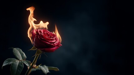 Burning rose of passion flame dark romantic setting fire flower against black background