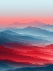 Obraz premium Misty mountain ranges in vibrant hues of red and blue